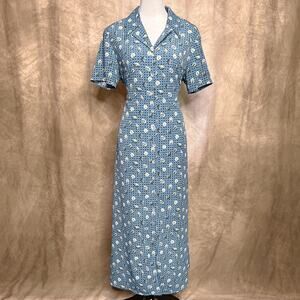 Vintage 90s Jaclyn Smith Floral Print Shirt Waist Maxi Dress Blue Tie Back Waist